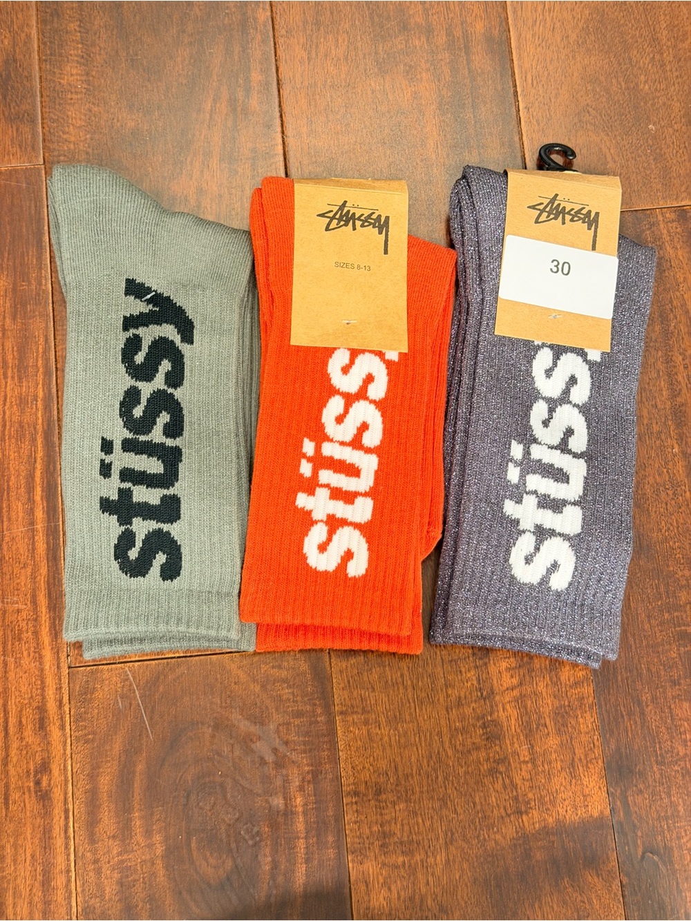 Stussy Men's Logo Crew Socks — Olive, Orange, Gray